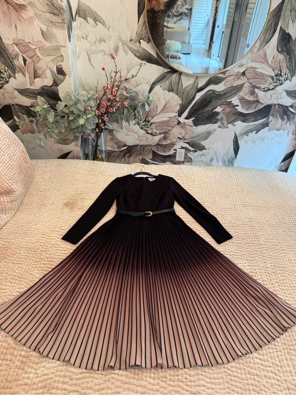 DKNY Black to Blush Ombre Pleated Long Sleeve Dress with Belt
